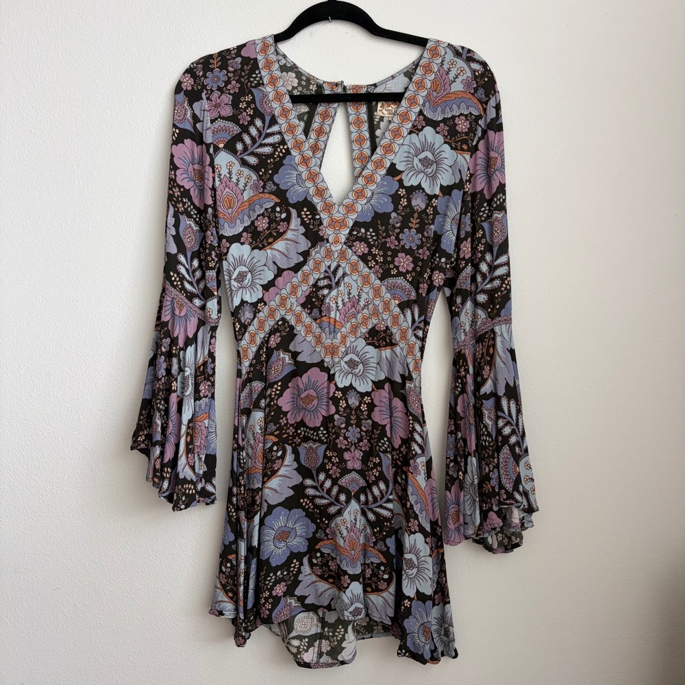 Nine Lives Bazaar Floral Bell Sleeve Open Back Mini Dress Retro Boho 12 S/M